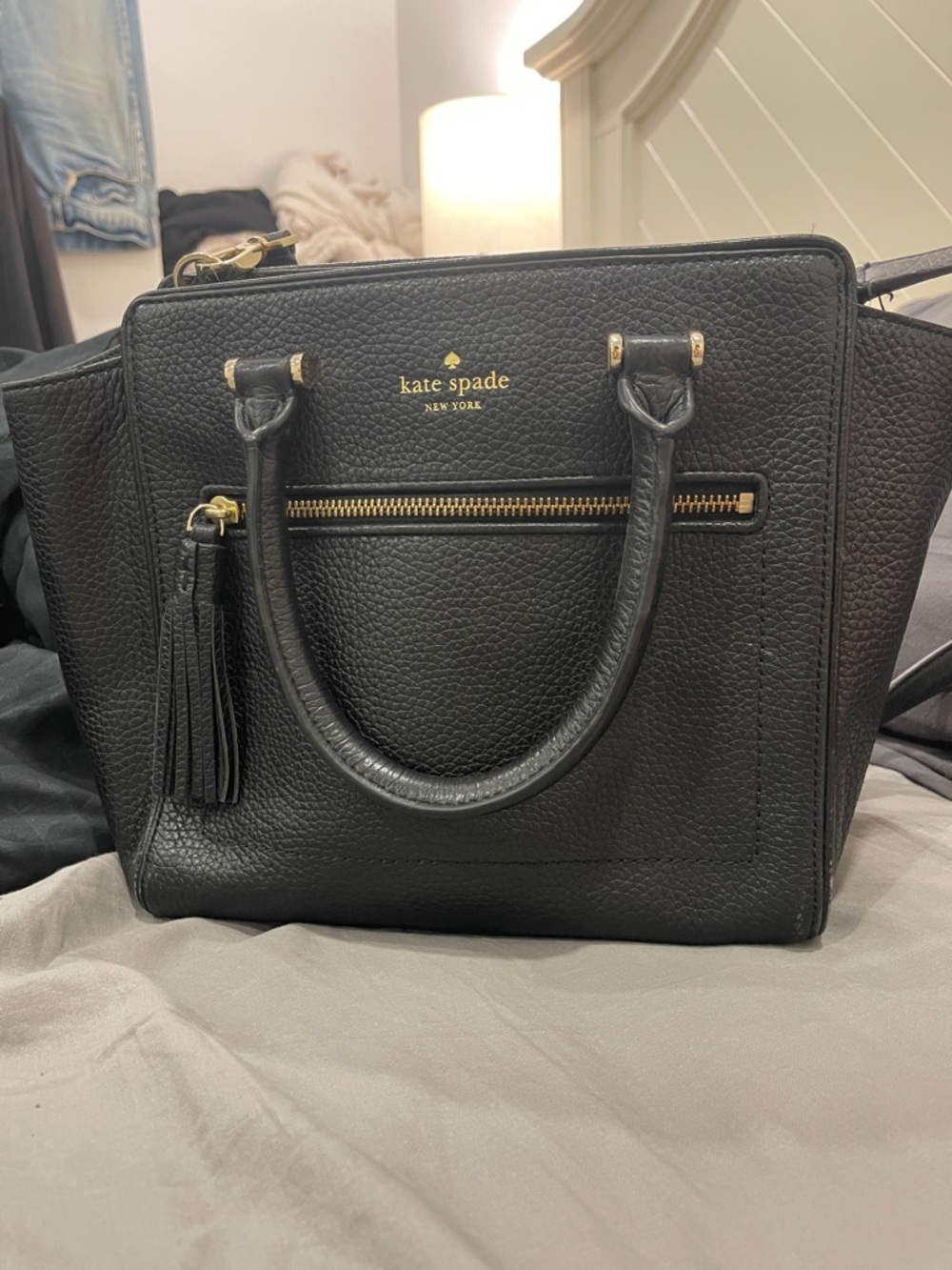 kate spade Black Pebbled Leather Tassel Satchel with Gold Hardware
